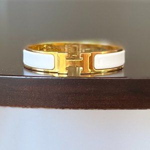 Hermes Clic H White Enamel Gold Plated Narrow Bracelet PM